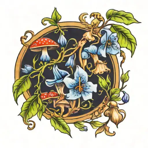 Flowy Vine With Bluebells And Mushrooms