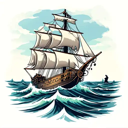 Pirate Looking Out At Ship On Sea Waves