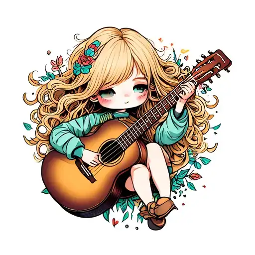 Blonde Chibi Girl With Messy Hair Playing Acoustic Guitar
