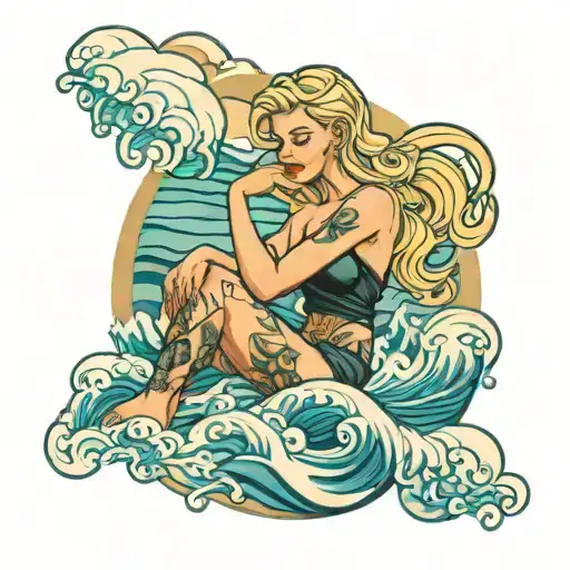 Blonde Female Sitting At Ocean Waves