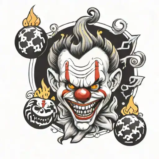 Sketch Tattoo Evil Scary Clown Juggling Balls With 4 Elements Fire Earth Air Water