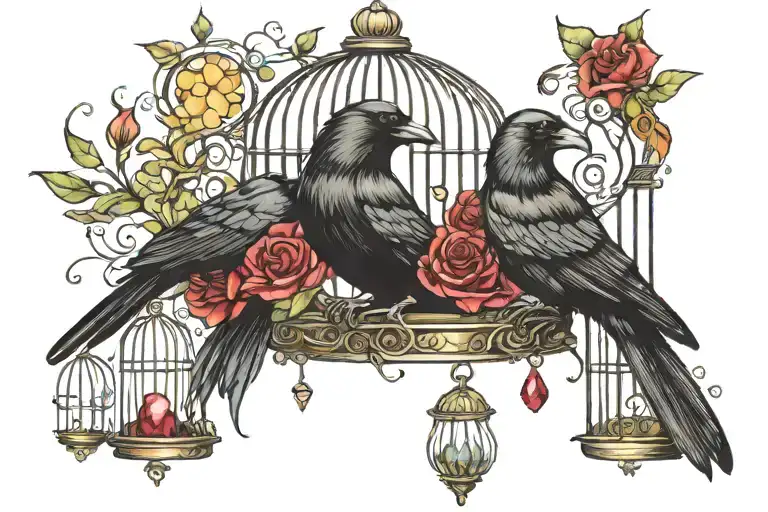 Crow In A Birdcage Surrounded By Gems