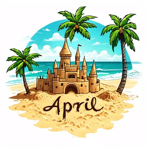 A Beach With Palm Trees And Sand Castle With April Written In Sand