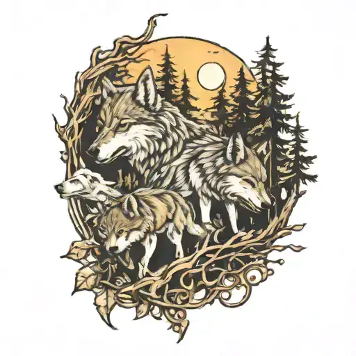 Forest And Wolfs And Moon