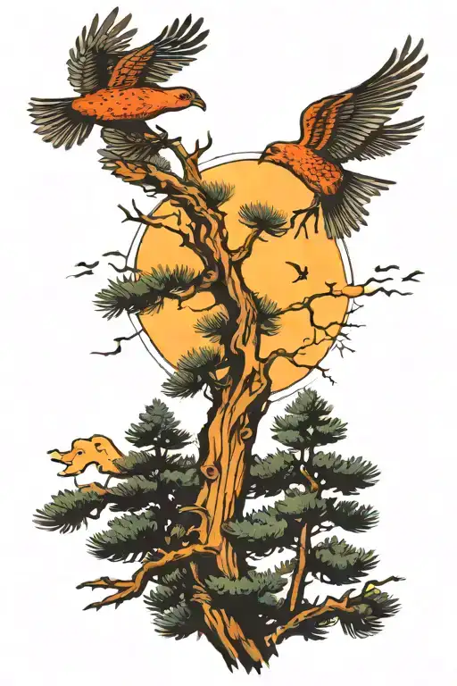 Pine Tree And Birds Flying