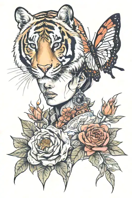 Romantic Neotraditional Portrait Of A Lady And A Tiger With A Beetle With A Botanical Background
