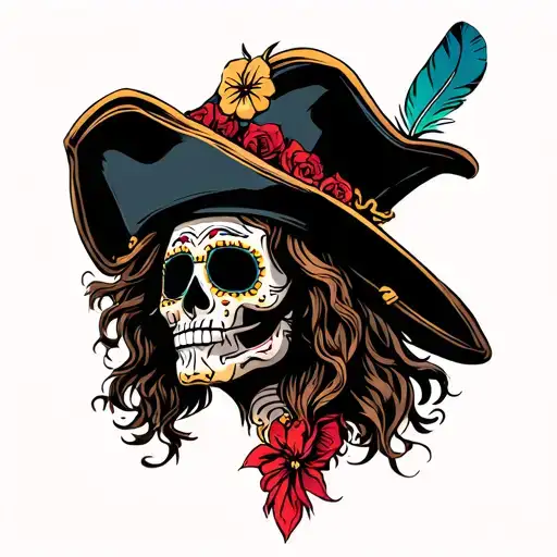 Side Profile Of Day Of The Dead Man Wearing Pirate Hat With Feather In It