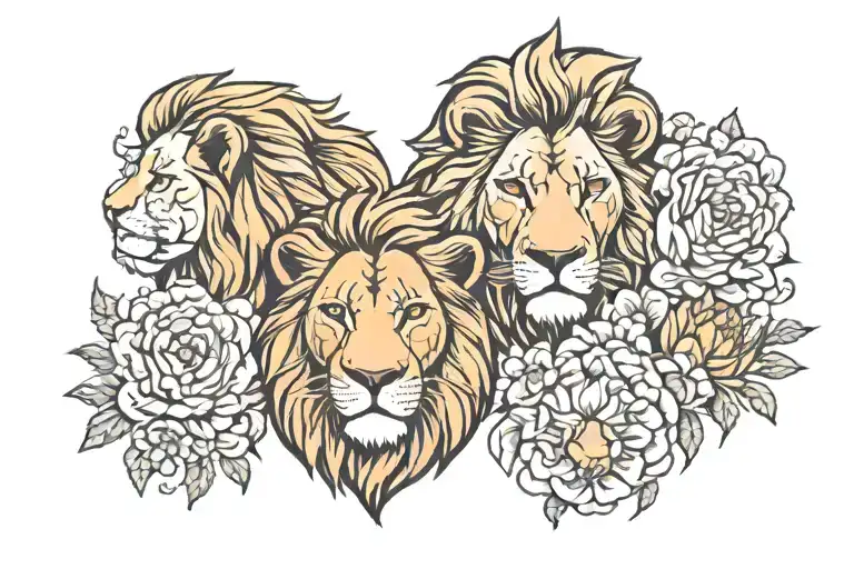 Lion Family Of 4 Only Heads And Flowers