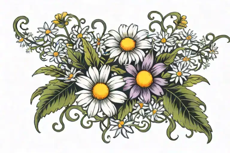 Daisy Flower Intertwined With Vines And Aster Flower