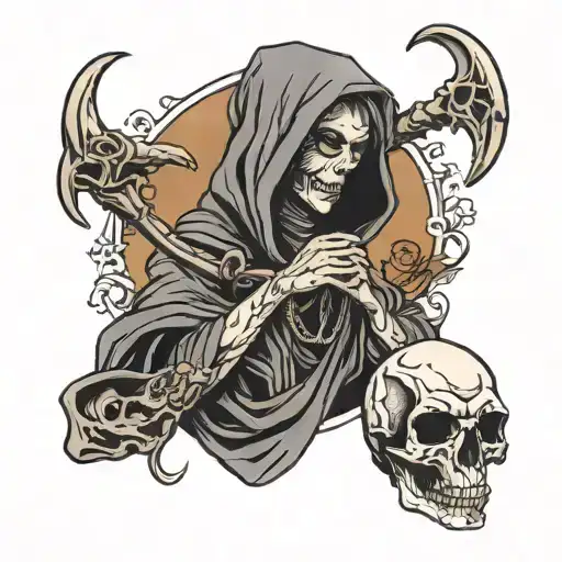 Female Grim Reaper Holding Ram Skull