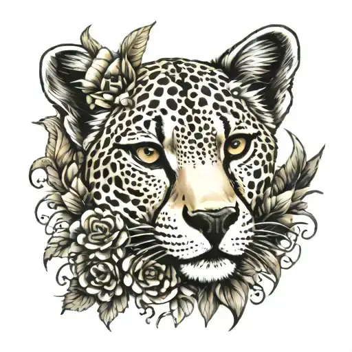 Egyptian Style Flowers Surrounding Cheetah Face