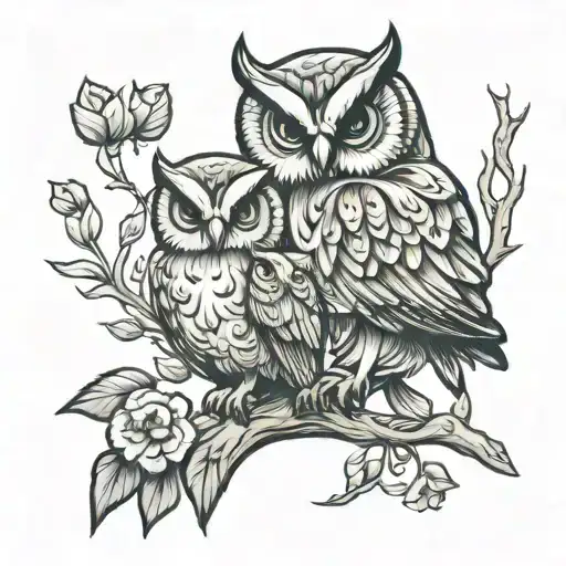 Owl And Baby Owl Perched