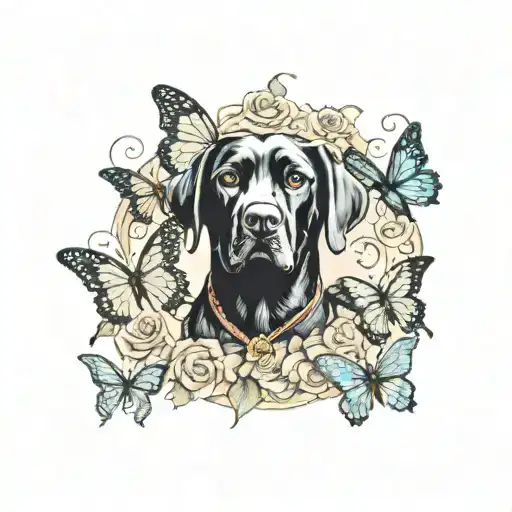 Neotraditional Design Of A Black Lab Dressed As An Italian Artist Painting Butterflies On A Canvas