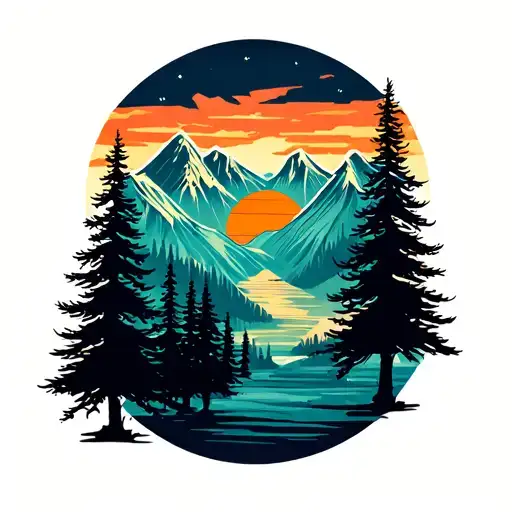 Pine Trees Mountains Sunset Sky