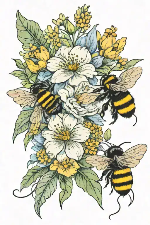 September Birth Flower Bouquet With A Bumblebee Flying Near