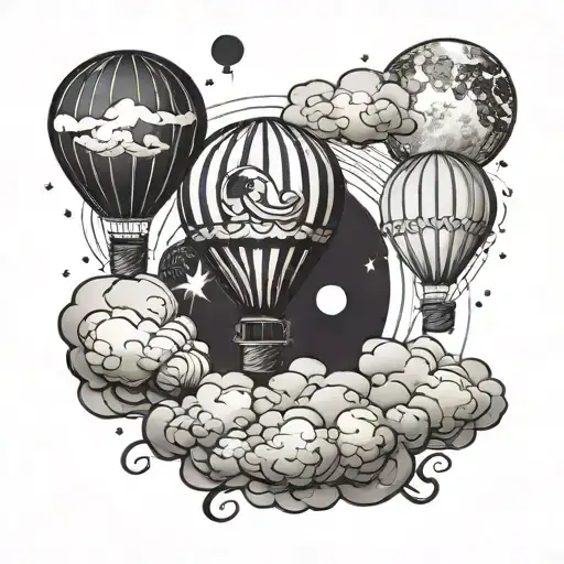 Small Hot Air Balloon Surrounded By 4 Phases Of The Moon With Clouds