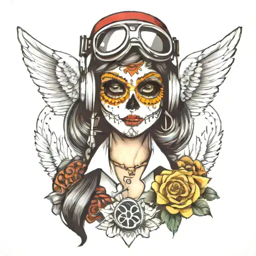 A Dia De Los Muertos Inspired Tattoo Of A Girl Sugar Skull Pilot Wearing Aviator Goggles