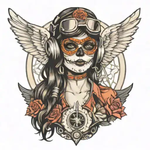 A Dia De Los Muertos Inspired Tattoo Of A Girl Sugar Skull Pilot Wearing Aviator Goggles