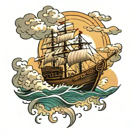 Small Boat On Ocean With Sunlight And Clouds