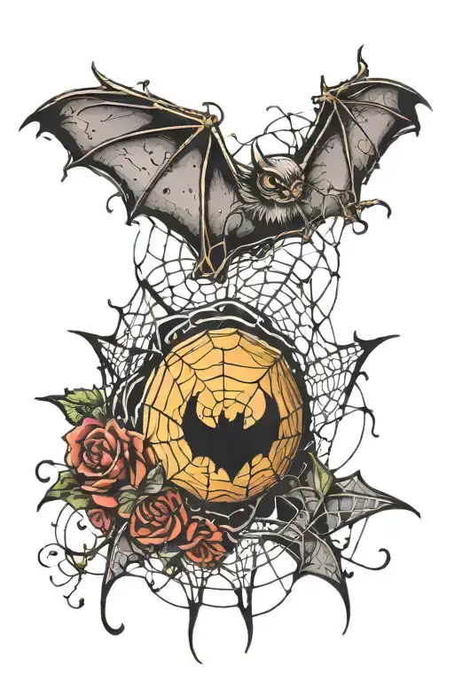 Bat Flying With Spider Webs