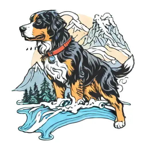 Ski Mountain With Stream And Bernese Mountain Dog