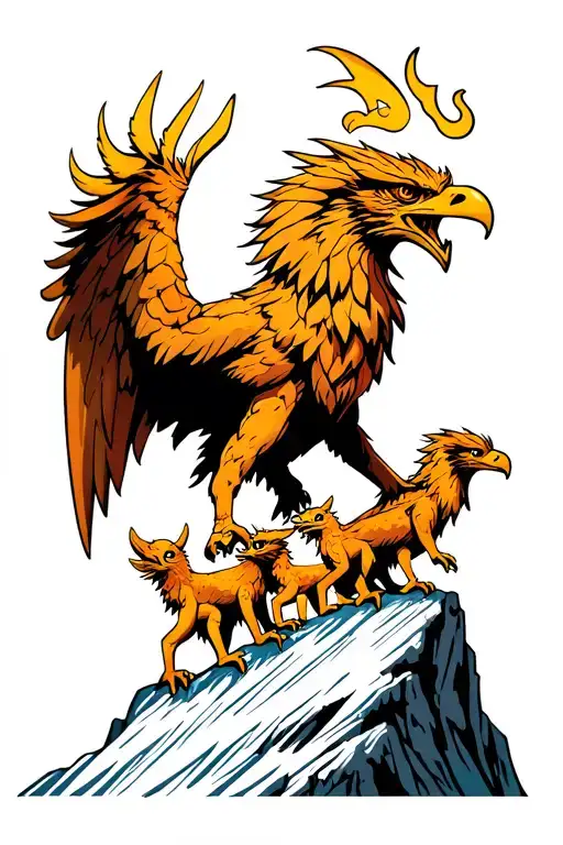 Adult Cartoon Griffin On A Mountain Protecting Three Child Griffins