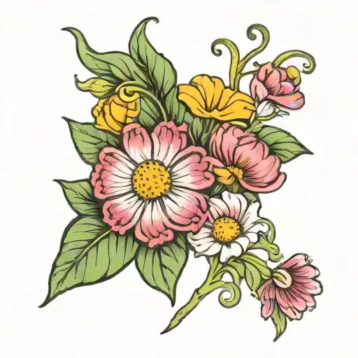 Daisy Flower And Sweet Pea Flower With Aries Zodiac Sign