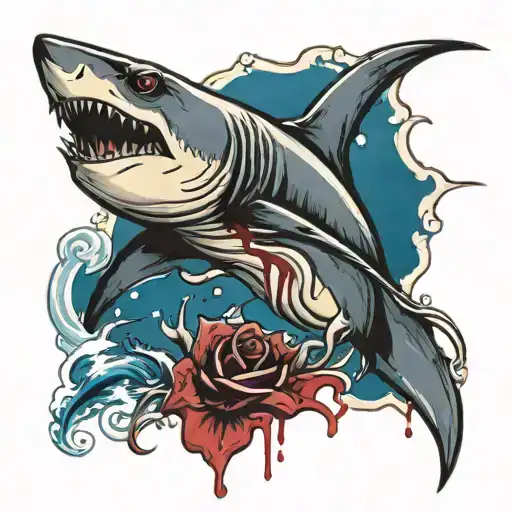 Shark With Blood Semi Skeleton Around The Sea