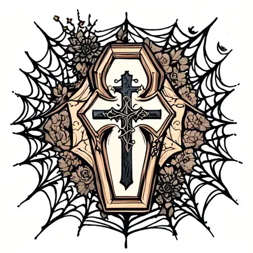 Coffin And Cross With Spiderweb Patterns Surrounding