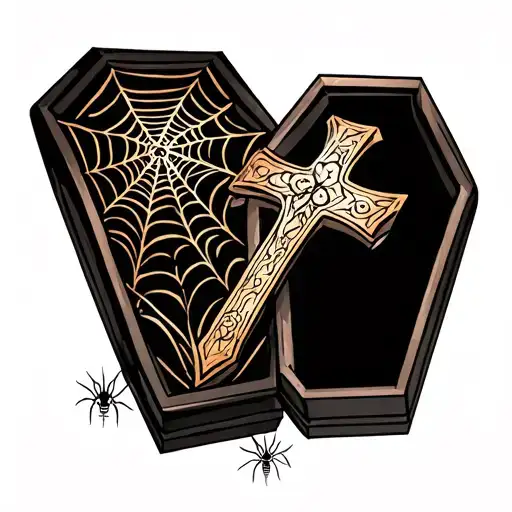 Coffin And Cross With Spiderweb Patterns Surrounding