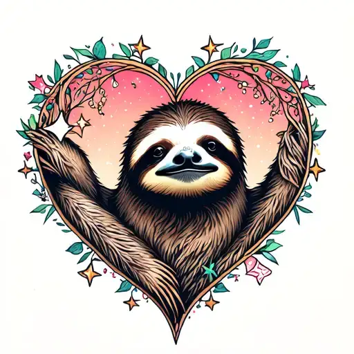 A Sloth Flace Inside A Heart Design Featuring Stars