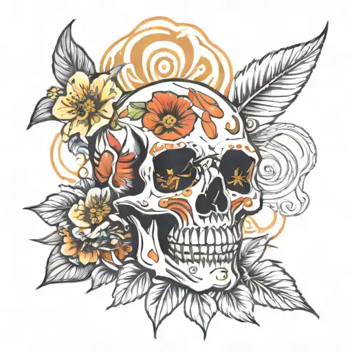 Skull With Red And Orange Poppies 1 Split Lemon A Fly Lilies A Feather