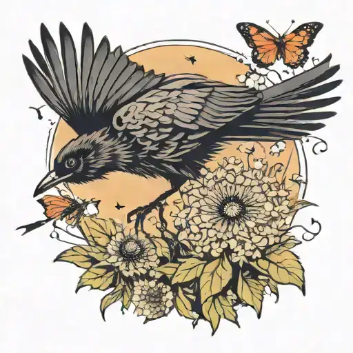 Dandelion Crow Chasing Butterflies Fluttering