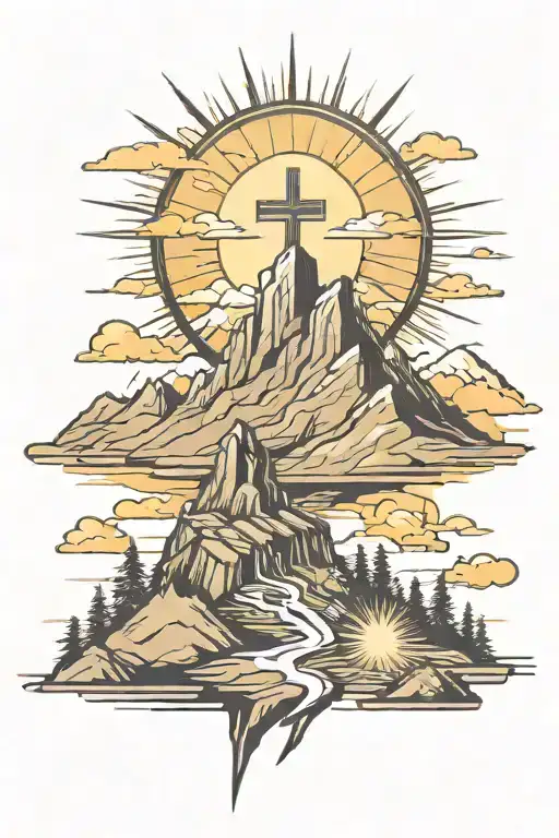 Christian Cross Summit Of A Mountain Landscape Ray Of Sunshine