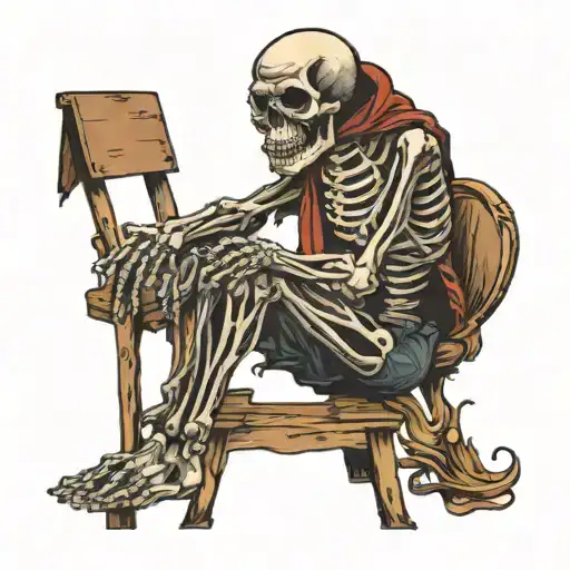 Skeleton Sitting On A Stool With Empty Stool Near Him
