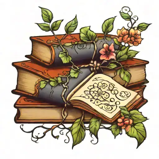 Books With Branches Of Ivy And Willow Tree And Flowers