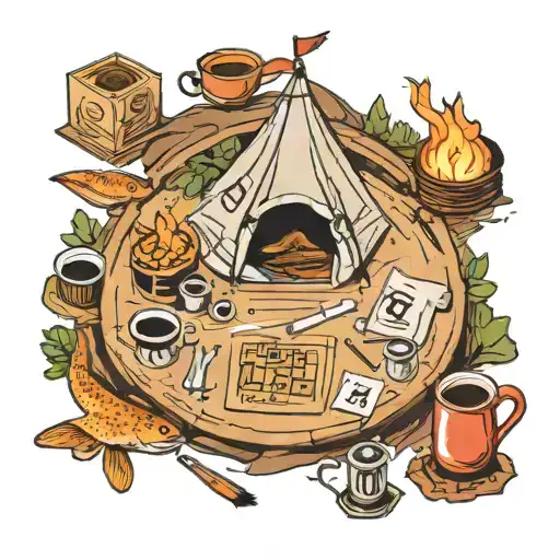 Tent Table Scrabble Campfire Fish Coffee