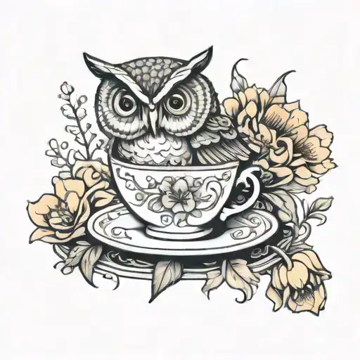 Owl Sitting On Teacup With Stacks Of Books Surrounded By Flowers