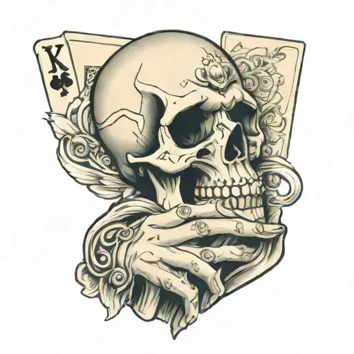 Skull Hand Holding A Deck Of Cards On Upper Shoulder
