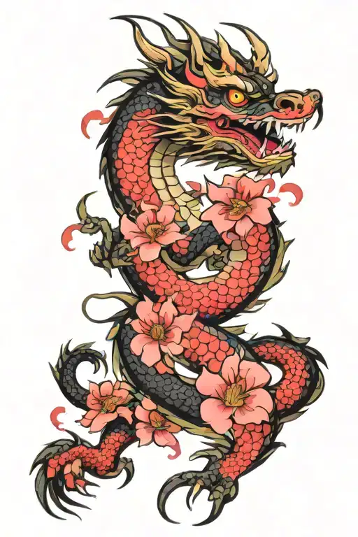 Japanese Dragon With Pink Flowers