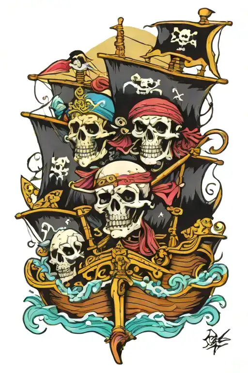 Pirates Fighting Boat Ocean Bloody Skulls Gold Tooth Death
