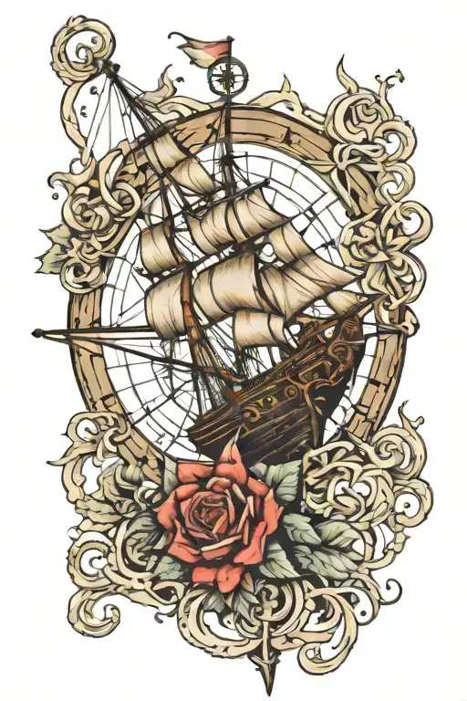 Tall Ships And Compass Rose Intertwined