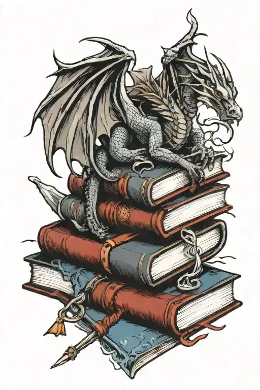 Dragon And Sword Intertwined Coming Out A Open Book On A Stack Of Books