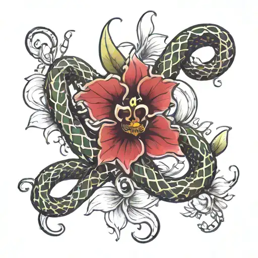 Snake Entwined On An Orchid