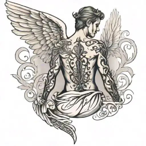 Angel Tatto On A Male Back With The Name Of My Mother Amal