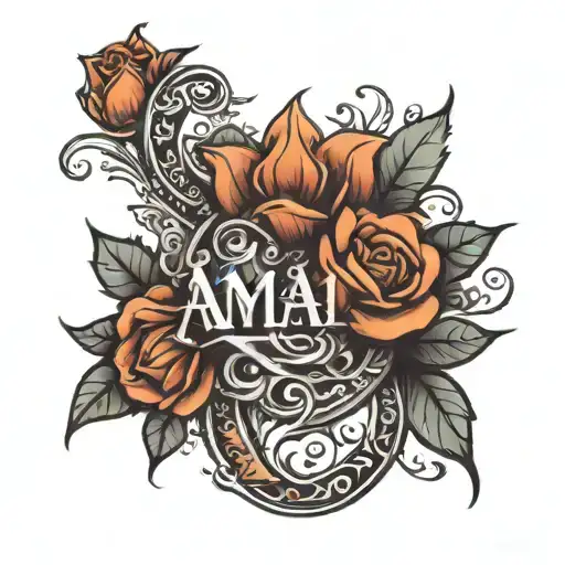Female Tatto On The Back With Name Amal Inside It Or Around It Or Under It Or Beside It