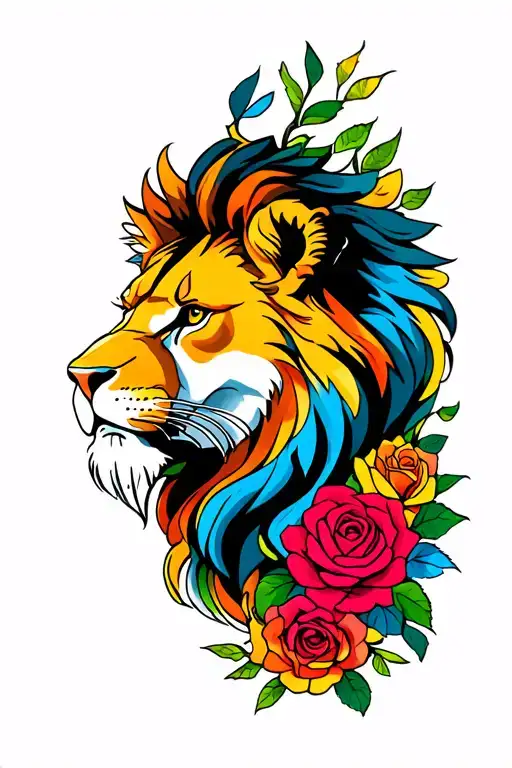 A Lion Face With Roses Incorporated With Colors Surrounding Him Victorious