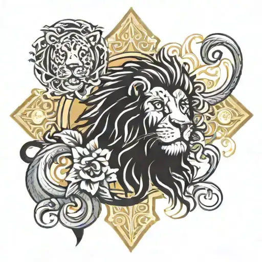 Cross And Lion Head With Designs Surrounding