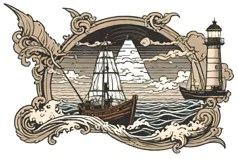 Man On Boat In Storm Pointing At Lighthouse