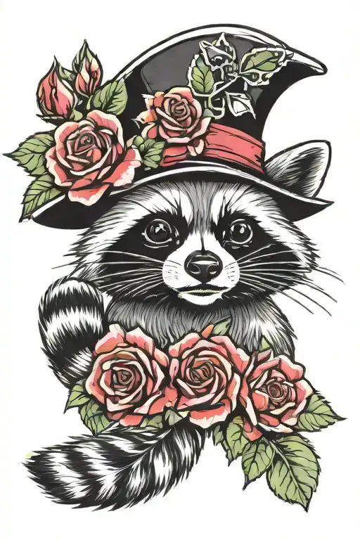 Raccoon Wearing Pirate Hat With Roses Flowers